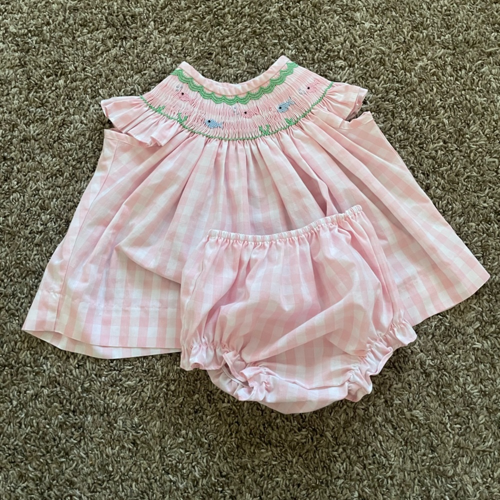 Pink Gingham Smocked Dress Set with Fish
